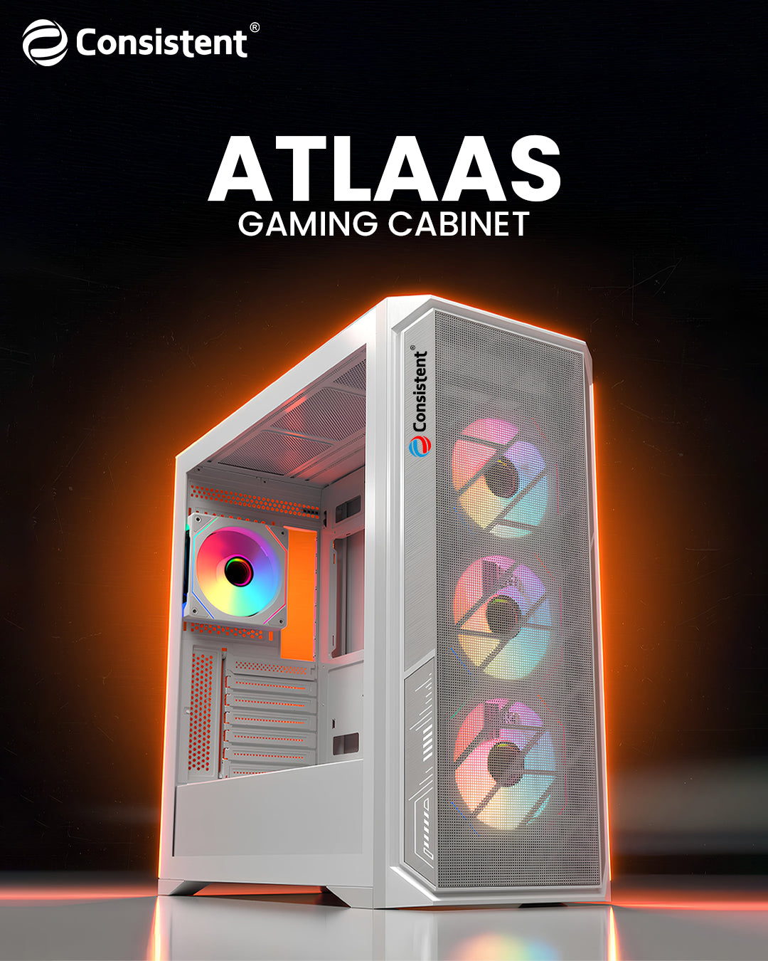 ATLAAS gaming cabinet with white mesh front panel and sleek design, ideal for gaming setups and computer builds.