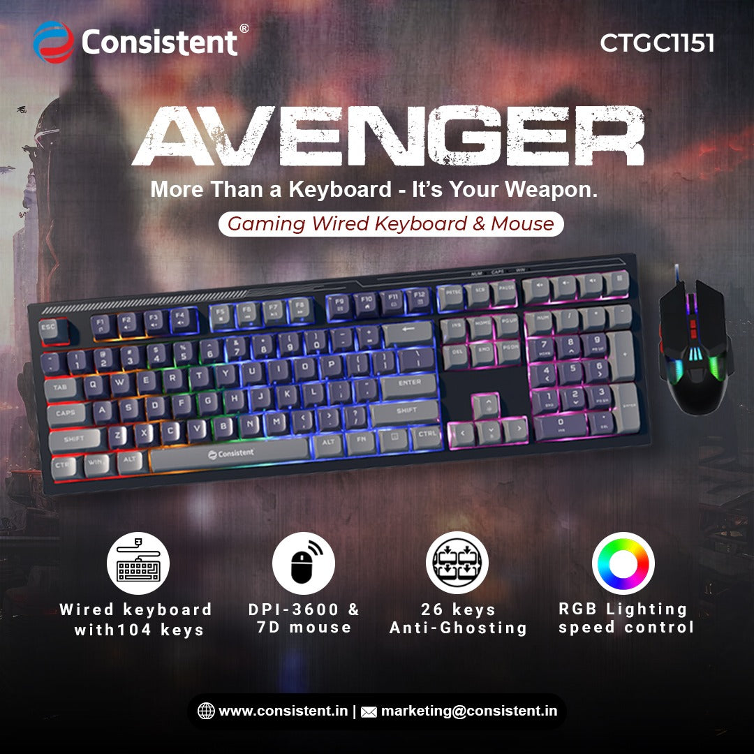 Consistent Avenger Gaming Combo Wired RGB Mouse & Keyboard (CTGK1151) for Windows, USB Plug-and-Play, Keystrokes, Rainbow Breath Light, 1.5 Cable Length, DPI-3600 7D Mouse, 26 Keys Anti-ghosting.