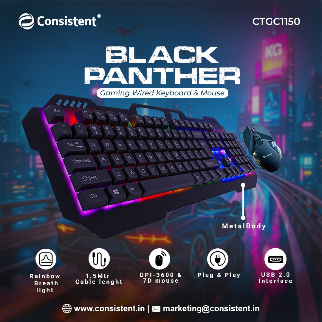 Consistent Black Panther Gaming Combo Wired Mouse & Keyboard (CTGK1150) for Windows, USB Plug-and-Play, Keystrokes, Rainbow Breath Light, 1.5 Cable Length, DPI-3600 7D Mouse.
