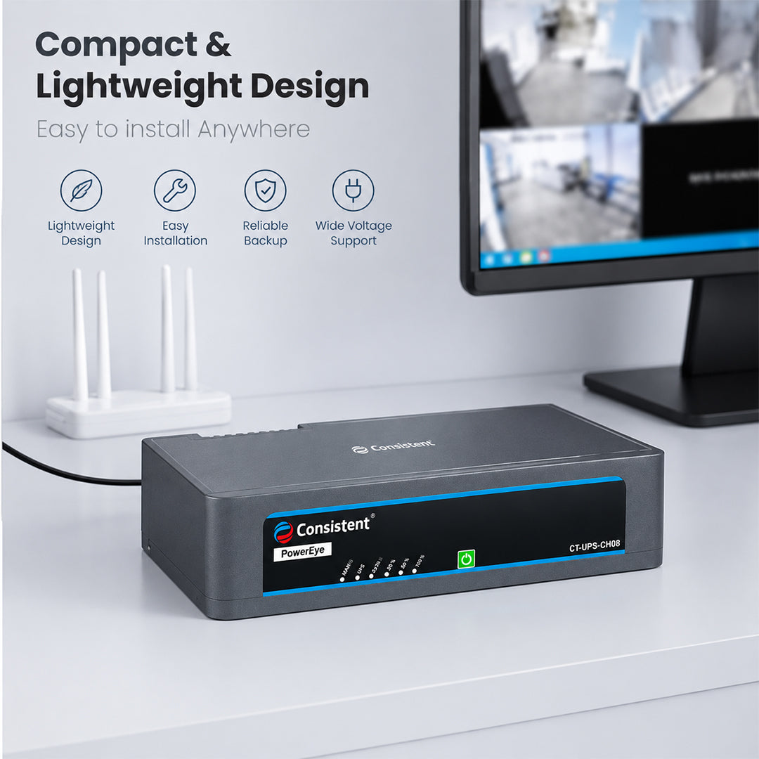 Consistent CCTV UPS backup for WiFi router, modem, set-top box, CCTV camera, and biometric systems in a secure setup.