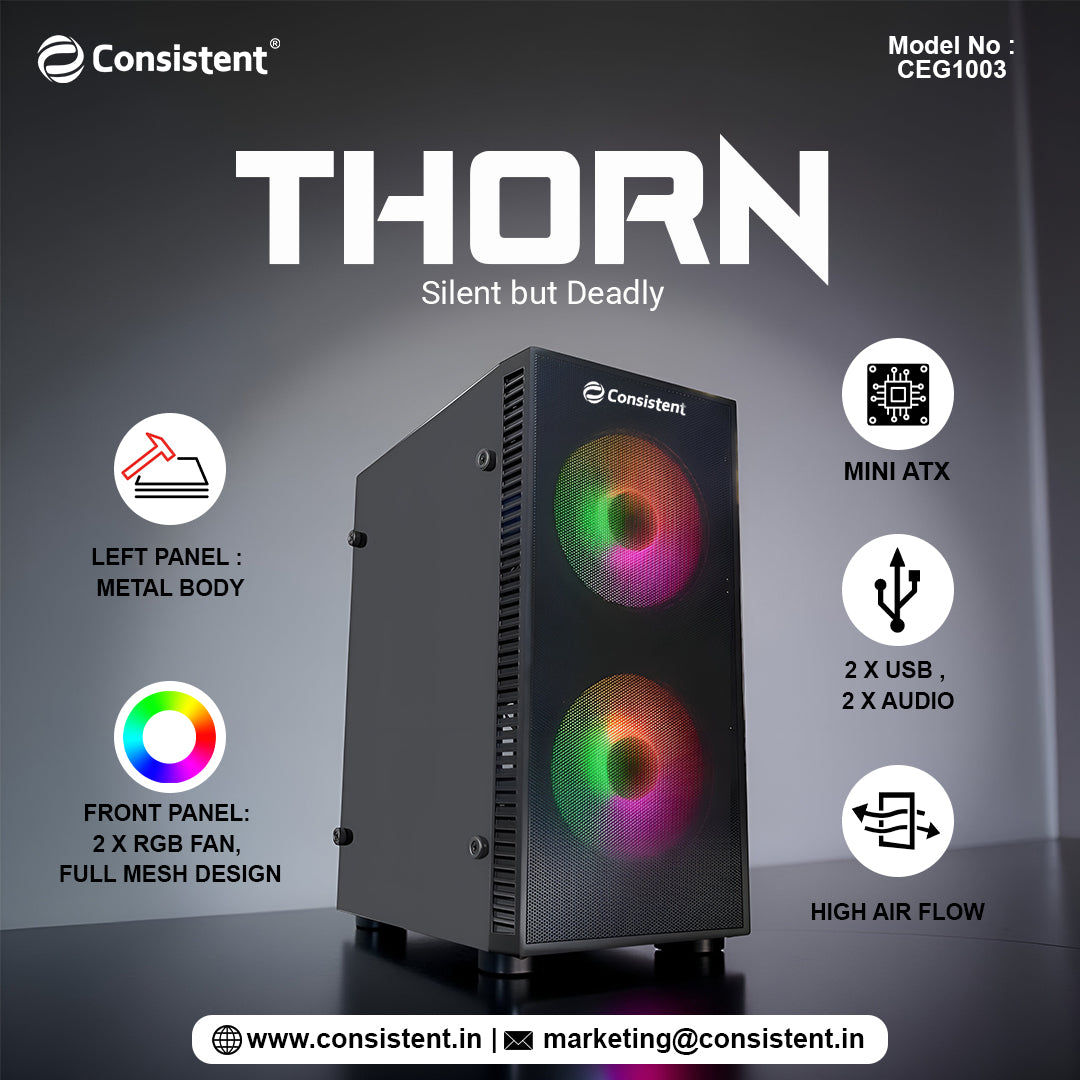 Everest Store Consistent THORN Mini ATX Cabinet CEG1003 showing front view with ventilation and compact design for small PC builds