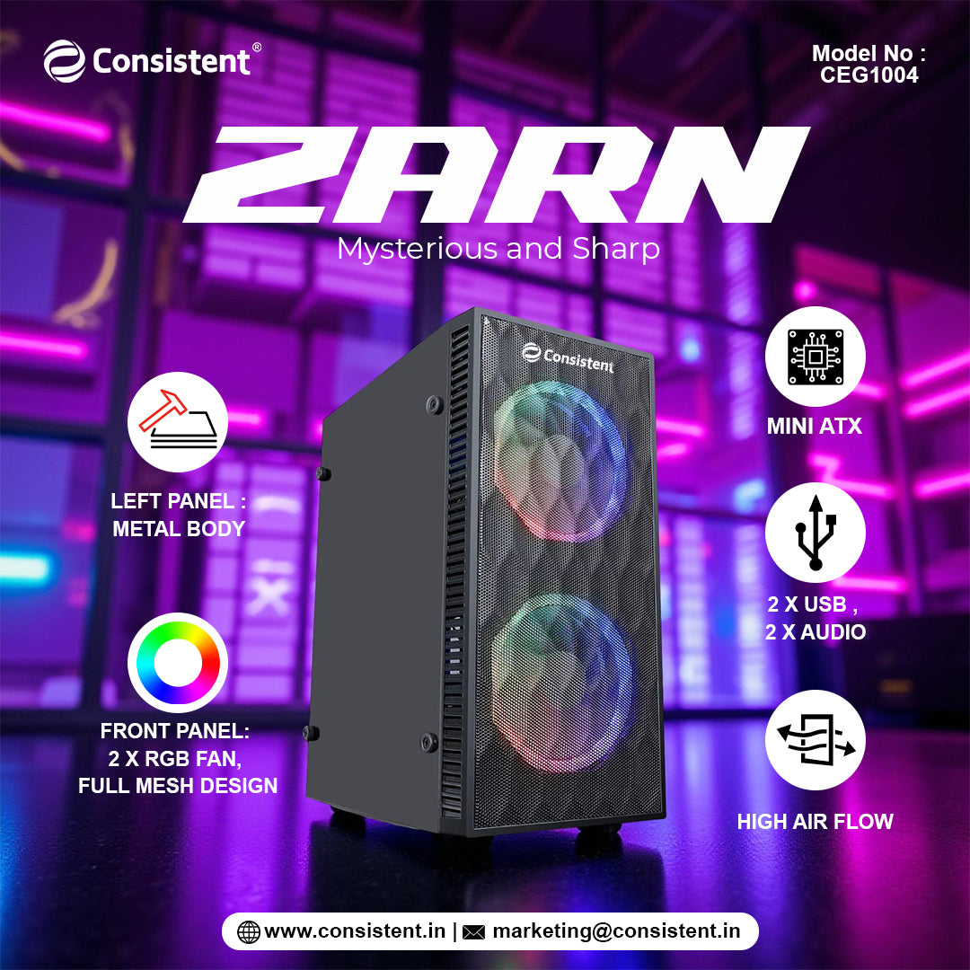 Mini ATX computer cabinet by Everest Store, ZARN CEG1004 model, shown with front panel and interior view