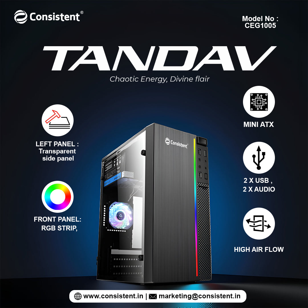 Black Consistent TANDAV Mini ATX cabinet by Everest Store, featuring a compact design with front panel ports and ventilation.
