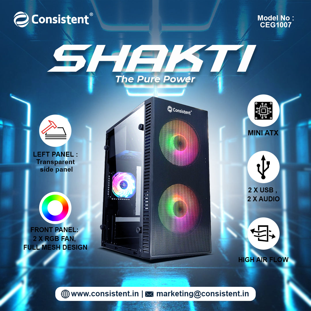 Mini ATX computer case from Everest Store’s Consistent SHAKTI series, featuring a sleek black design and front panel ports.