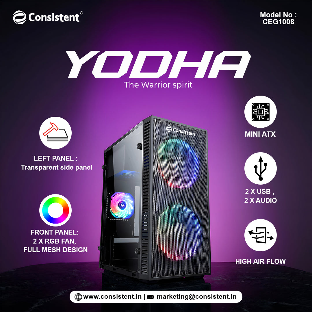 Everest Store YODHA Mini ATX computer cabinet with sleek black design and front panel vents, model CEG1008.