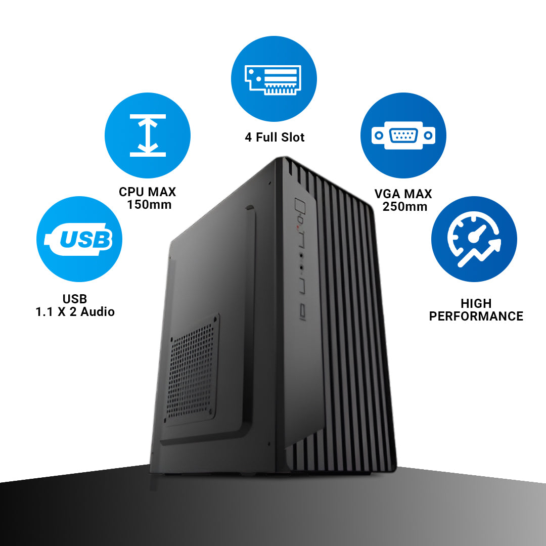 Consistent PC case CIE105 with four slots, supports VGA up to 250mm, featuring a bold design for high-performance computer builds.