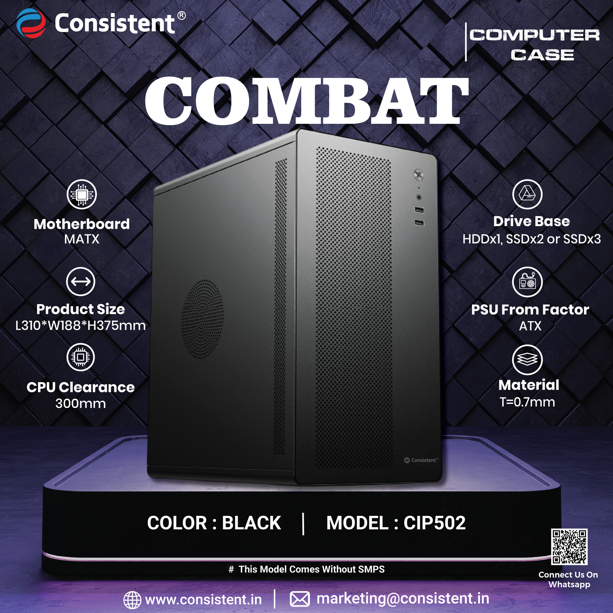 Black Consistent 502 PC case with 4 full slots for VGA cards, designed for bold performance and up to 250mm graphics card.