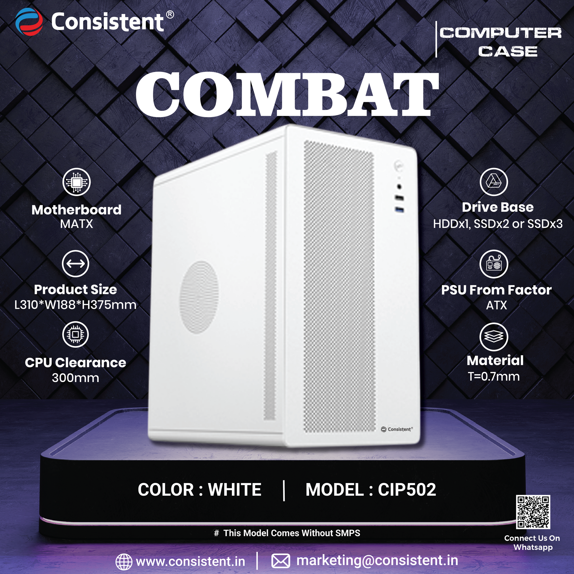 White Consistent 502 PC computer case with four full slots, supports VGA up to 250mm, featuring a bold design for reliable performance.