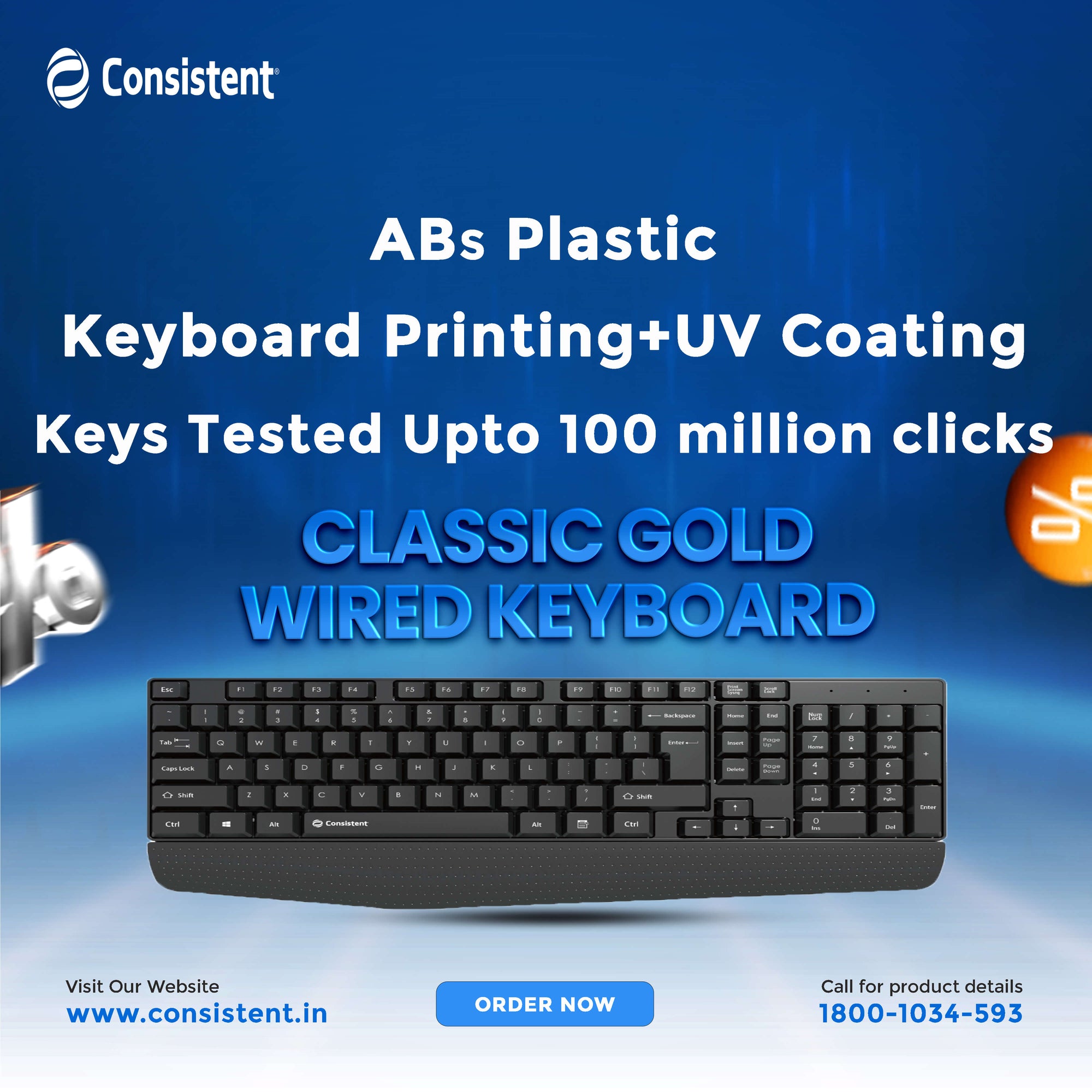 Consistent Classic Gold Wired Keyboard SK102 from Consistent InfoSystems Pvt. Ltd. with gold-colored keys and standard layout.
