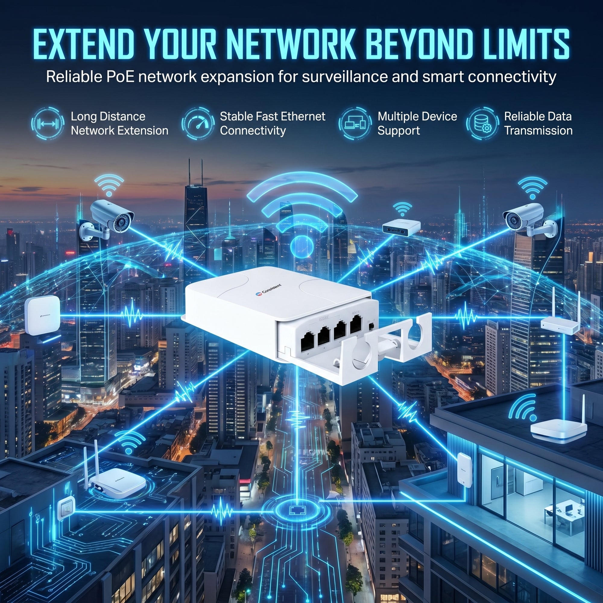 Futuristic infographic illustrating the Everest Store Consistent POE Extender (CT-PEX-103) for network signal extension.