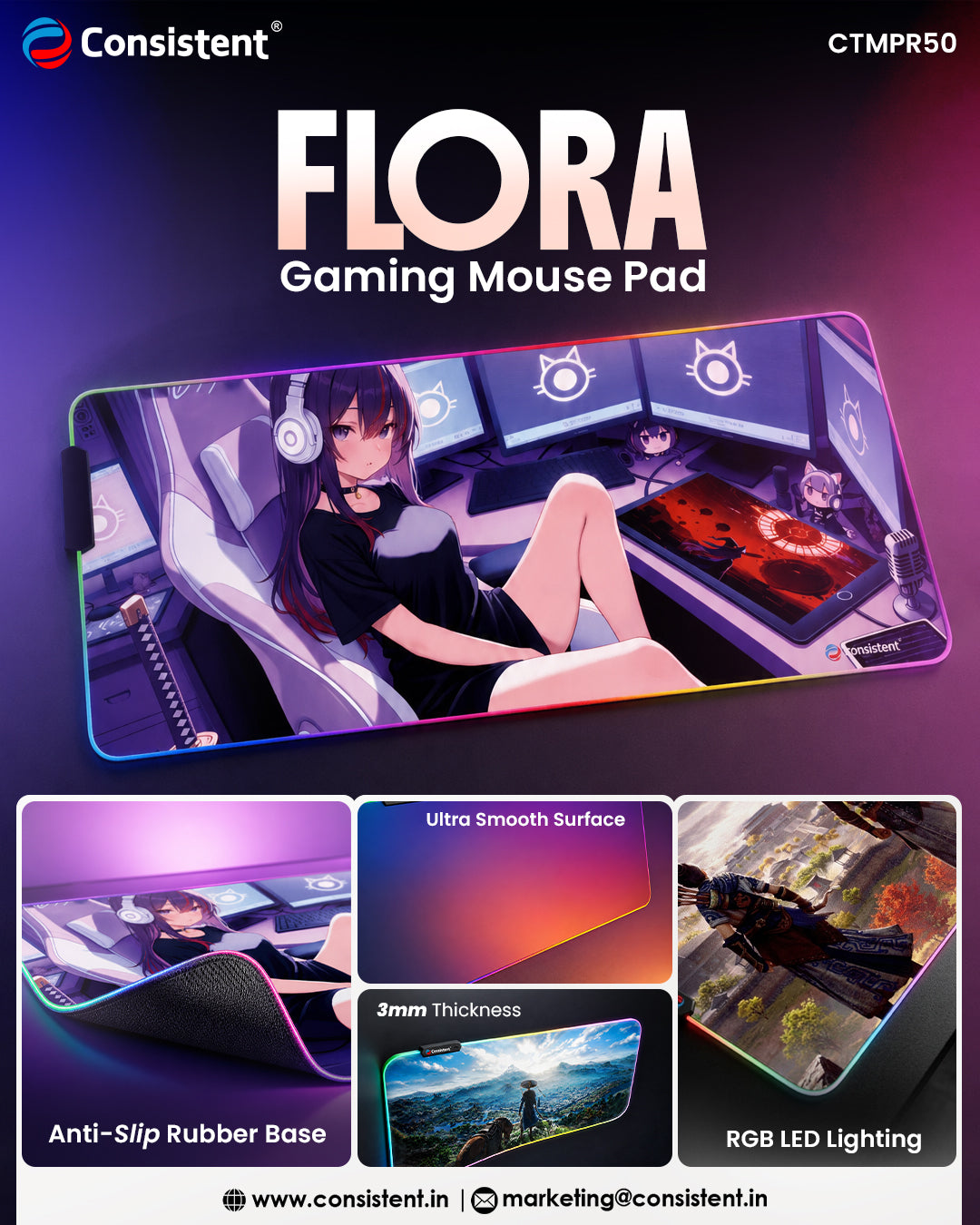 RGB gaming mouse pad with LED lighting featuring colorful floral design and smooth surface, ideal for gaming and desk setup.
