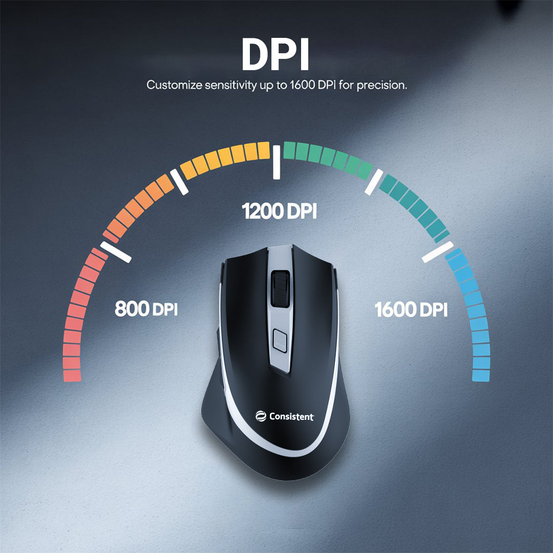 Black Consistent Fusion wireless mouse from Consistent InfoSystems Pvt. Ltd., shown with ergonomic design and wireless connectivity.