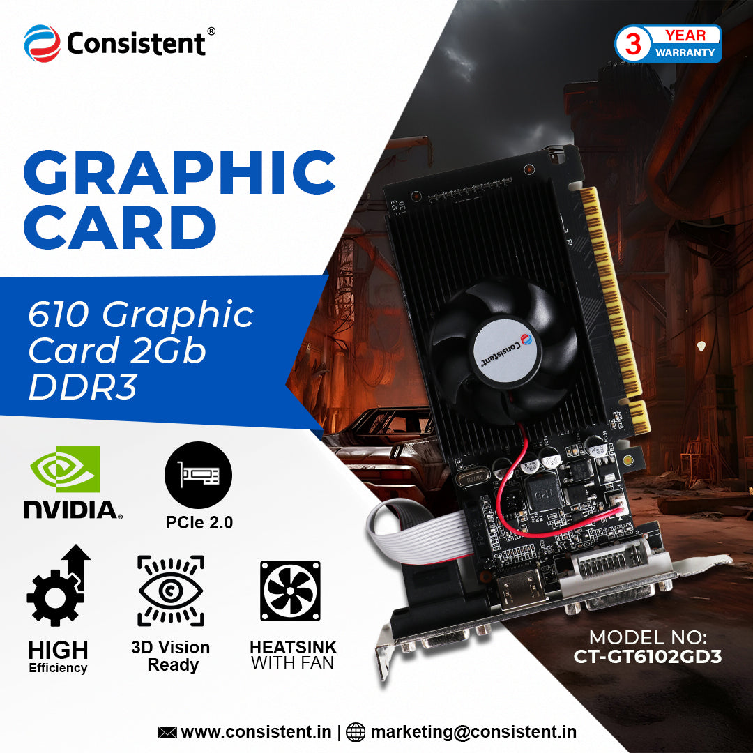 Consistent 610 Graphics Card 2GB DDR3 64-bit, 2GB PCI-Express pci_e ddr3_sdram Graphics Card with 3 Year Replacement Warranty