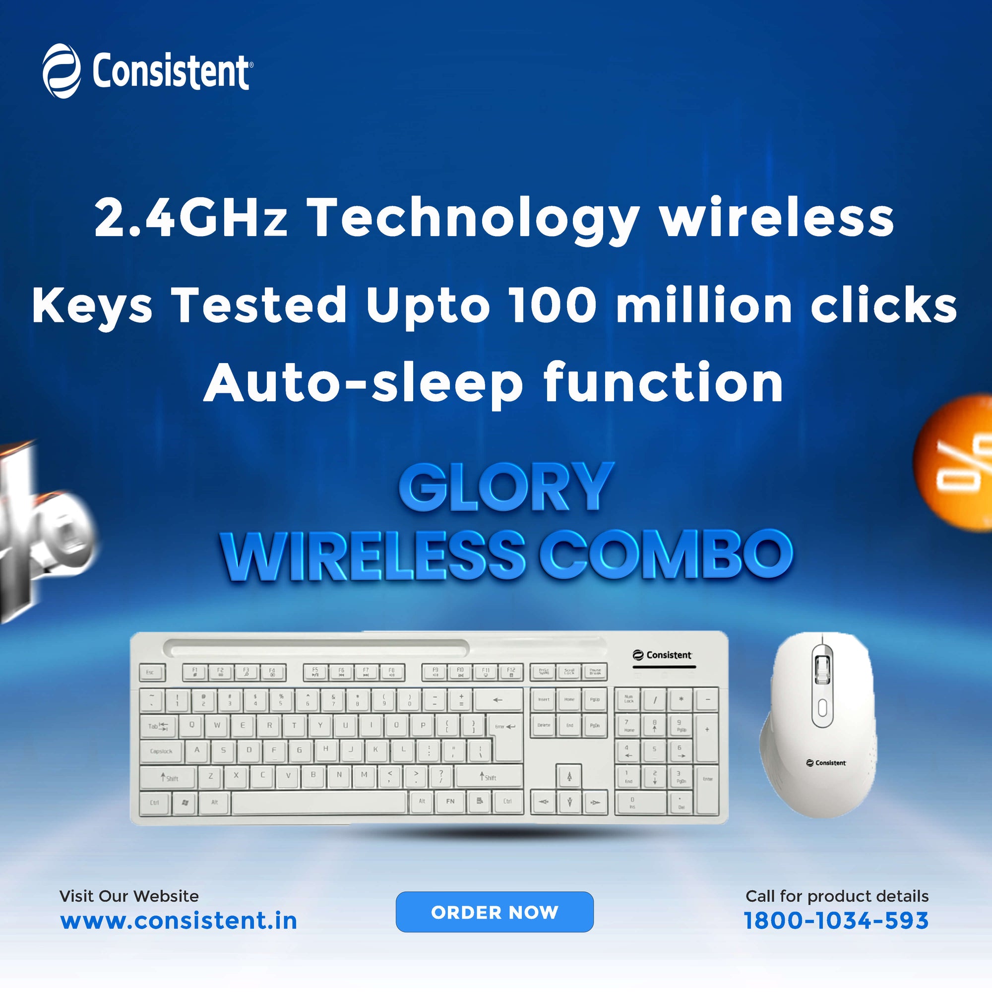 White wireless keyboard and mouse combo with 2.4 GHz receiver, 10m range, 12 shortcut keys, and adjustable DPI.