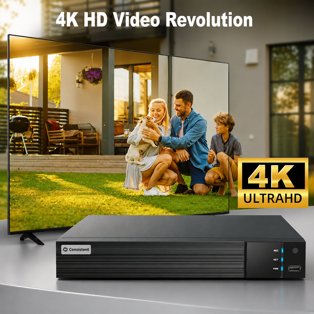 Consistent NVR 4-channel security recorder with VGA and HDMI output for live view and recording, 2-year warranty included.
