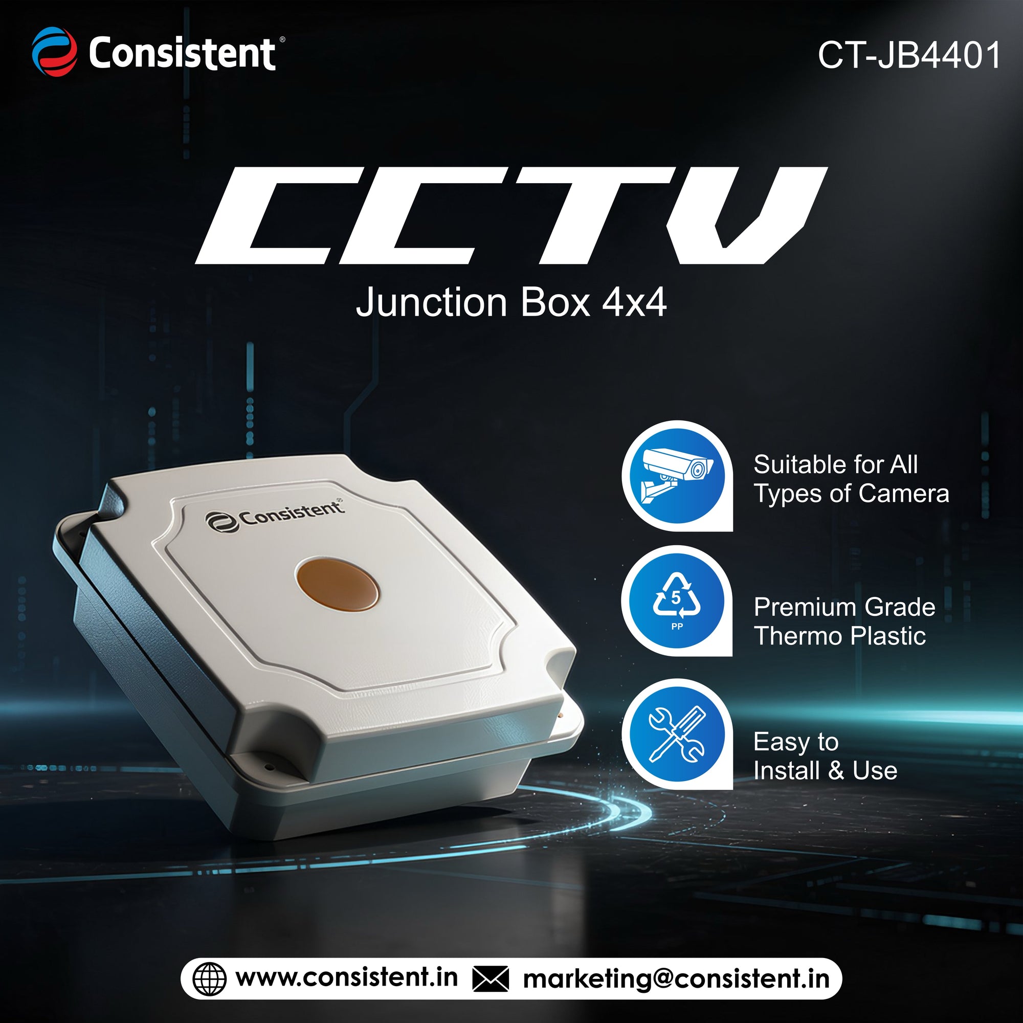 Everest Store Consistent CCTV Junction Box 4×4 with multiple entry points and durable weatherproof design for security camera installations.