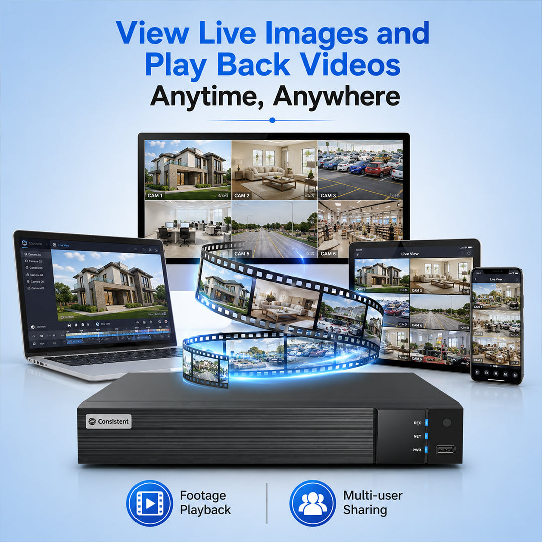 Consistent 16-channel HVR hybrid video recorder by Everest Store supporting 5MP to CVBS cameras with remote viewing and H.265+ compression.