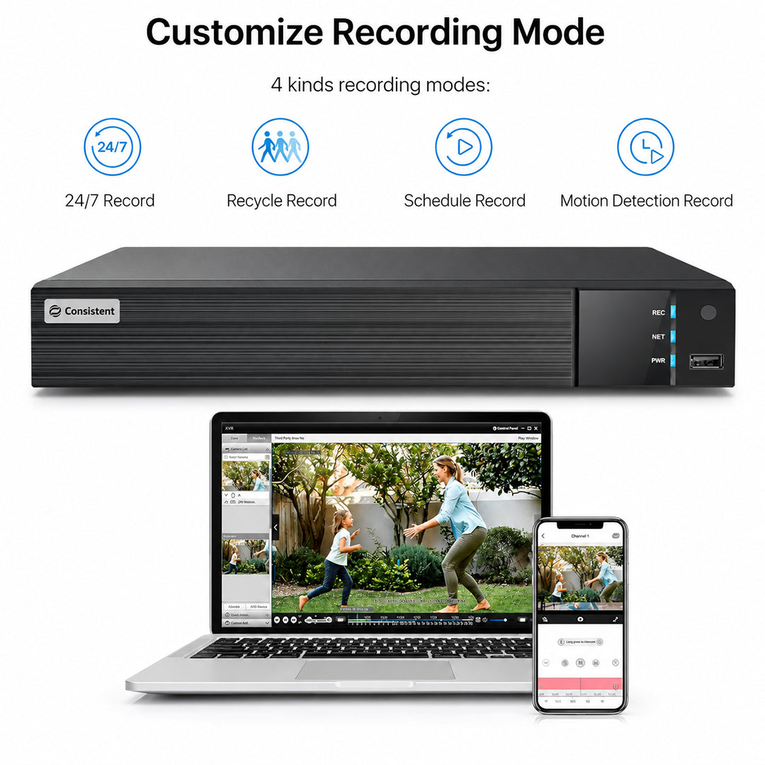 Consistent 16-channel hybrid video recorder supporting 5MP, 4MP, 1080P HD-TVI, AHD, CVI, CVBS, and IP cameras with remote access