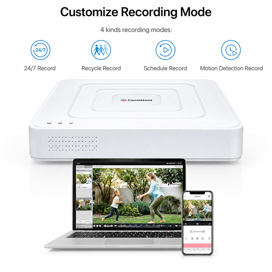 Consistent 4-channel 5-in-1 hybrid security video recorder by Everest Store with 5MP, 4MP, 1080p support for analog, TVI, CVI, AHD, IP cameras