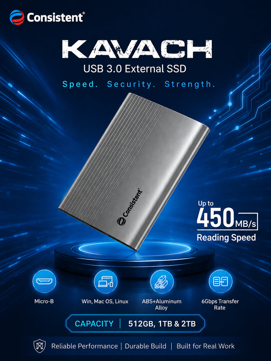 Everest KAVACH 512GB USB 3.0 external SSD with high-speed data transfer and sleek black design.