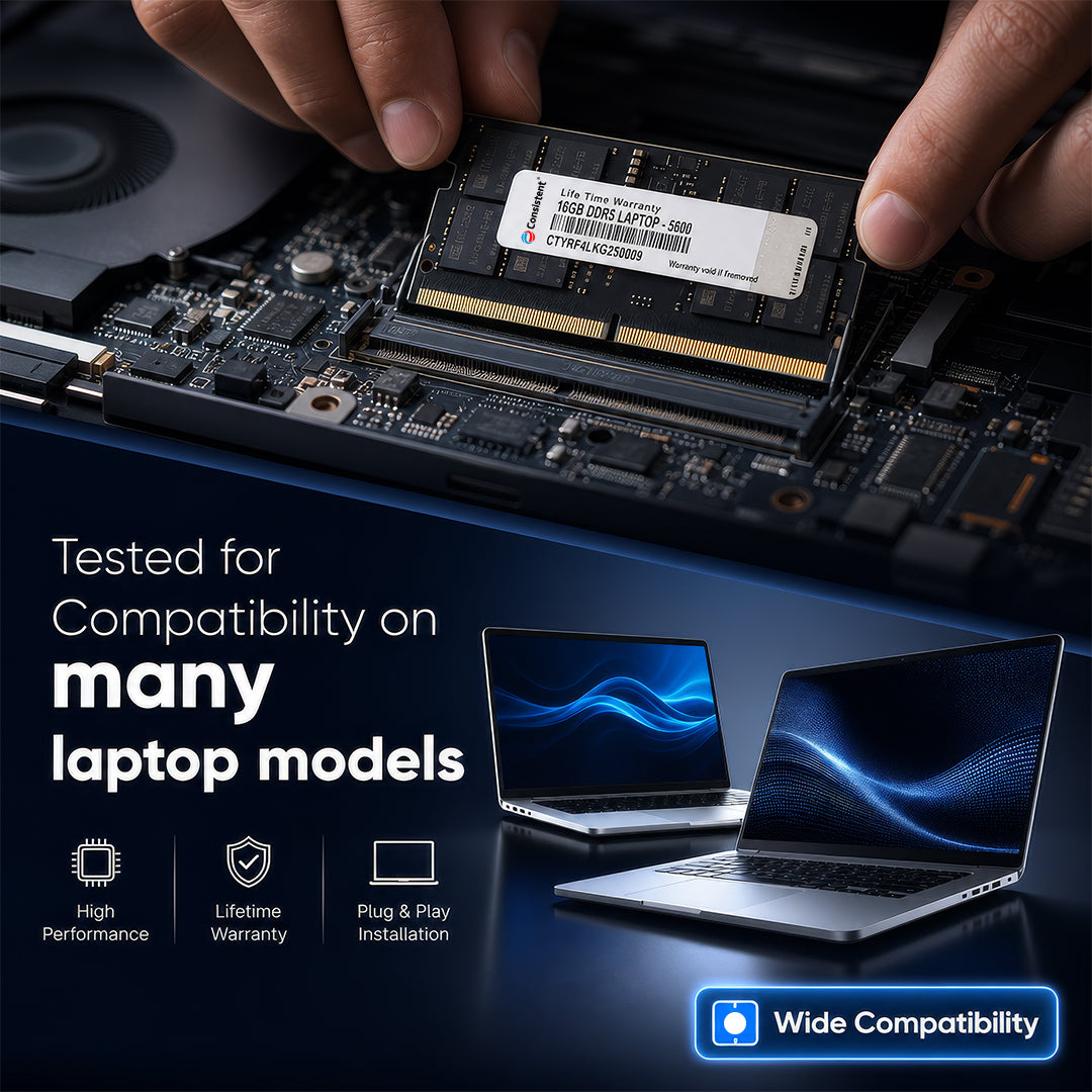 Consistent Yeti 16GB DDR5 laptop RAM at 5600MHz, featuring low power consumption and extended battery life with lifetime warranty.