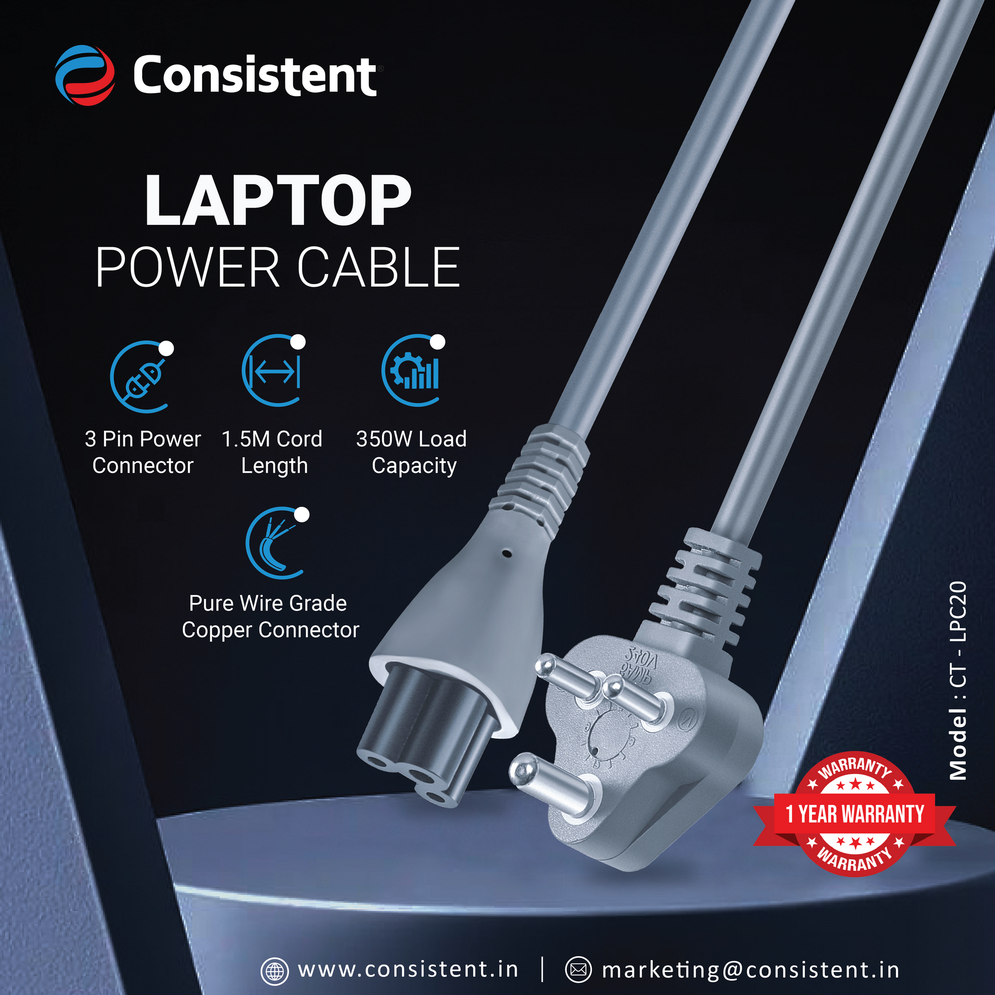 Consistent Laptop Power Cable connected to a laptop, showcasing a reliable power cord with a 1-year warranty.