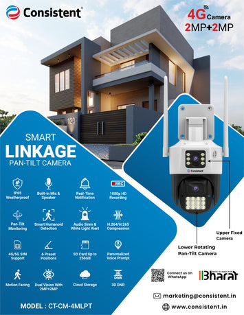 Consistent 2+2MP Linkage 4G Pan Tilt CCTV Camera, Outdoor Indoor Security Camera, Water Proof, 2 Way Talk, Motion Detect, Supports SD Card Up to 256 GB, Color Night Vision (Protect Linkage)