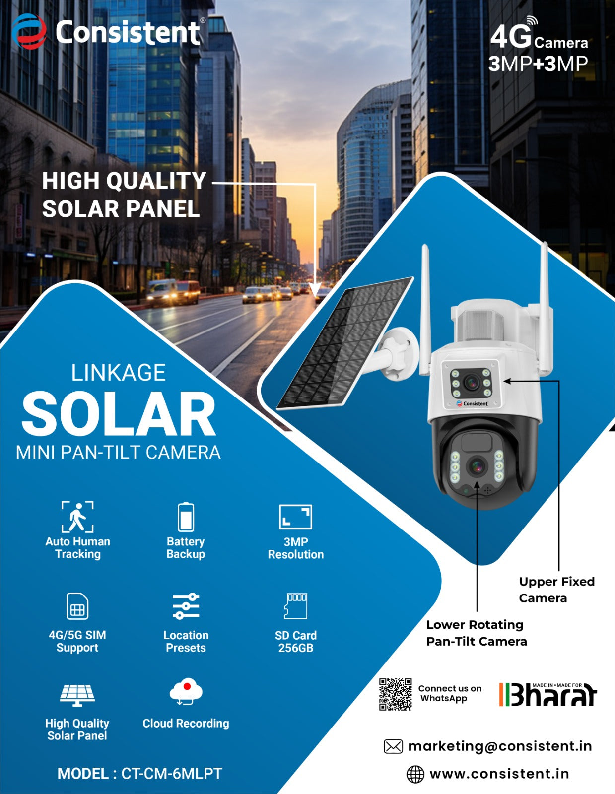 Consistent 4G Solar Linkage Mini Pan-Tilt Camera (CT-CM-6MLPT) 3+3MP Solar Powered 4G Sim Based CCTV Outdoor Security Camera with 7W Solar Panel Built-in Battery | Surveillance for Agriculture | Remote Area | Construction Site | Garden