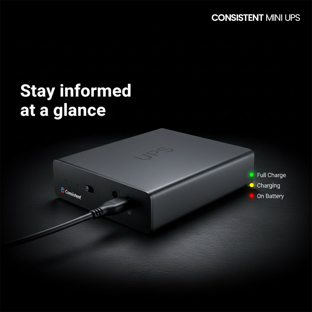 Consistent Mini UPS for WiFi router with 12V-2A battery, providing up to 3 hours backup, surge protection, and deep discharge safety.