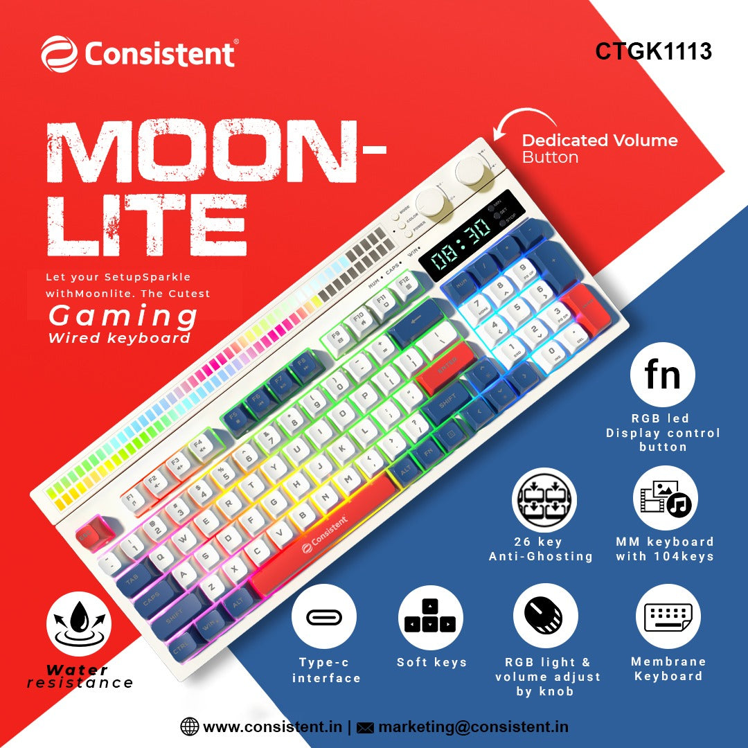 Consistent Moonlite Gaming Wired RGB Keyboard (CTGK1113) for Windows, USB Plug-and-Play, Keystrokes, RGB LED Effect, Stylish Slim Design, Water resistant, Noise free, 26 keys Anit-Ghosting.
