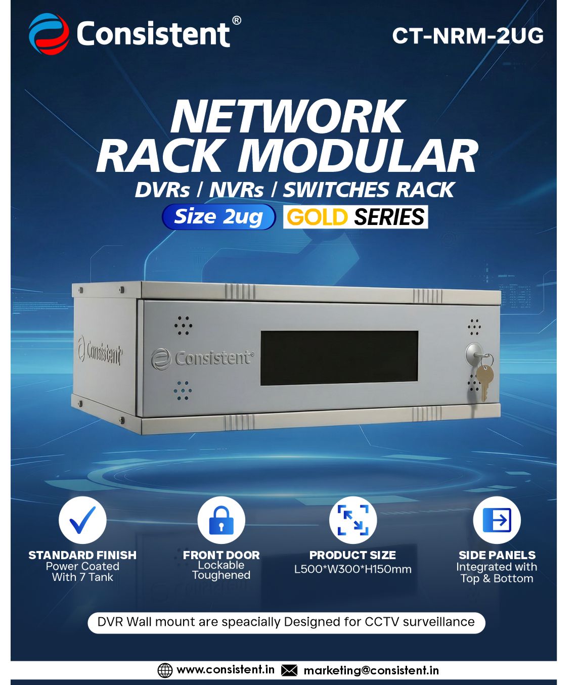 Consistent Network Rack Modular 2U from Everest Store Gold Series, designed for DVR/NVR equipment, with a sturdy metal frame.