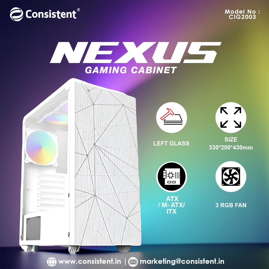 Consistent Nexus Gaming Cabinet 2003 | Slots - 4Full Slot | VGA Max- 250mm | CPU Max-150 mm | USB -1.1 x 2 Audio.