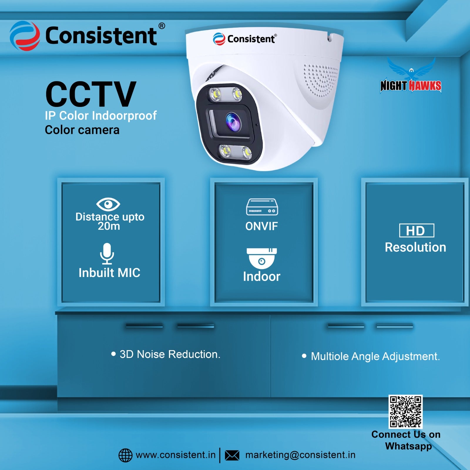 Consistent 4MP Camera Night Hawk Dome Cameras for Home Security | Multiple Angle Adjustment | 3D Noise Reduction | Support ONVIF | Inbuilt MIC | Distance Upto 20m (CT-CM-IDM4MP)