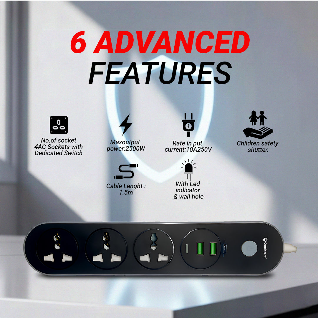 Black Consistent Power Socket Extension with 2 USB ports and 1 PD port, 1.5m cable for versatile charging and power needs.