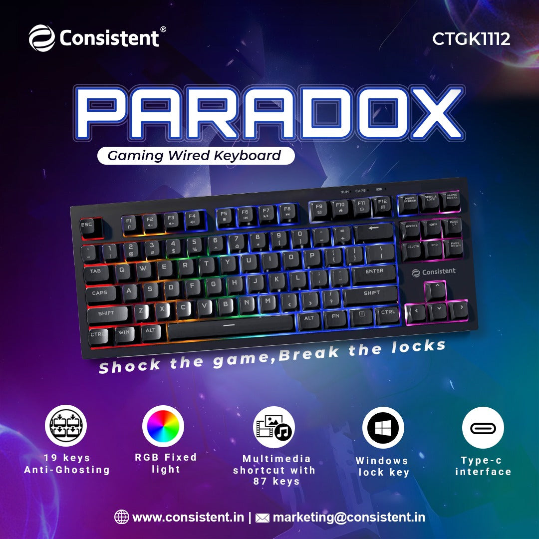 Consistent PARADOX Gaming Wired Keyboard (CTGK1112) for Windows, USB Plug-and-Play, Keystrokes, Rainbow Breath Light, 1.5 Cable Length.