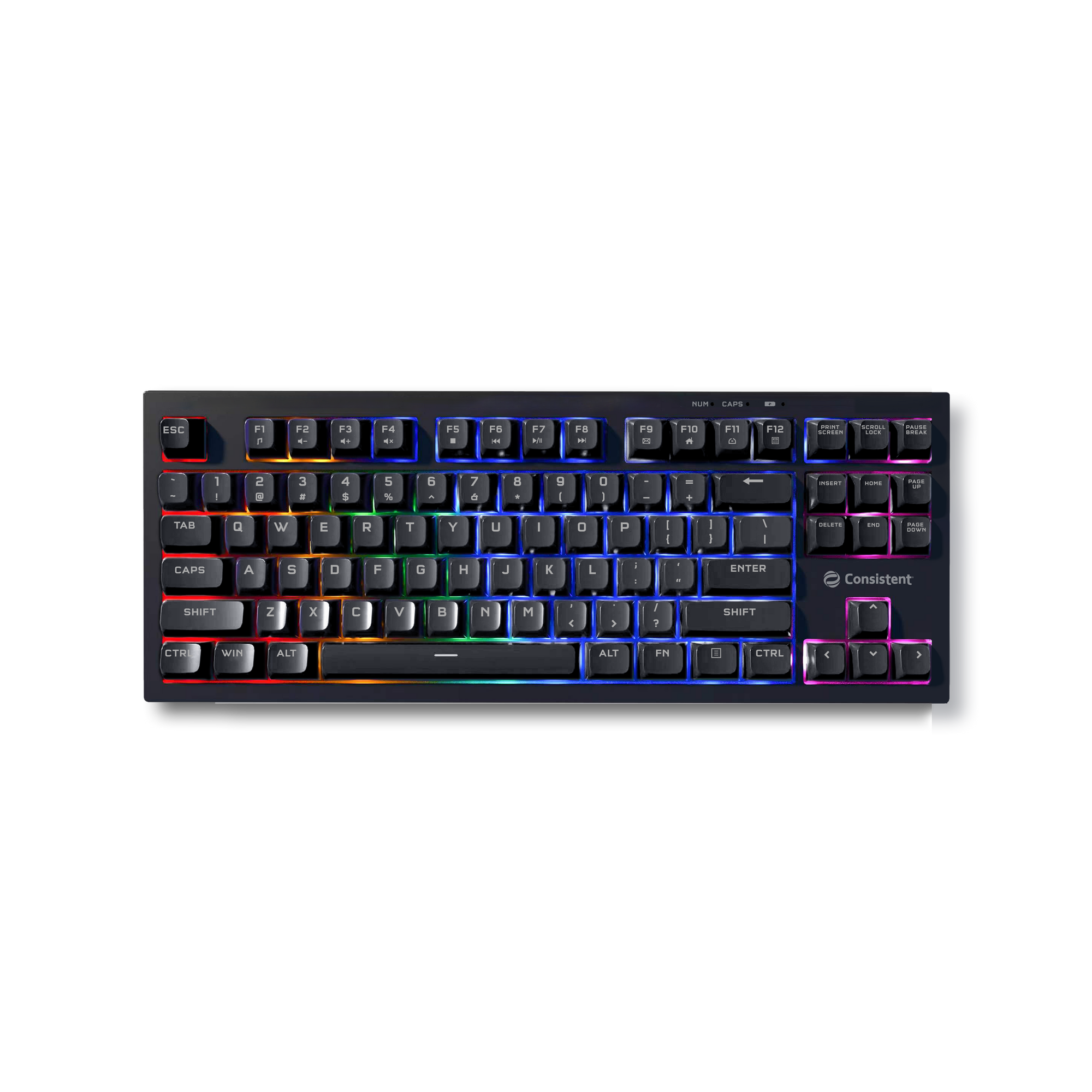 Consistent PARADOX gaming wired keyboard with rainbow backlight, USB plug-and-play, Mac support, and 1.5m cable length.
