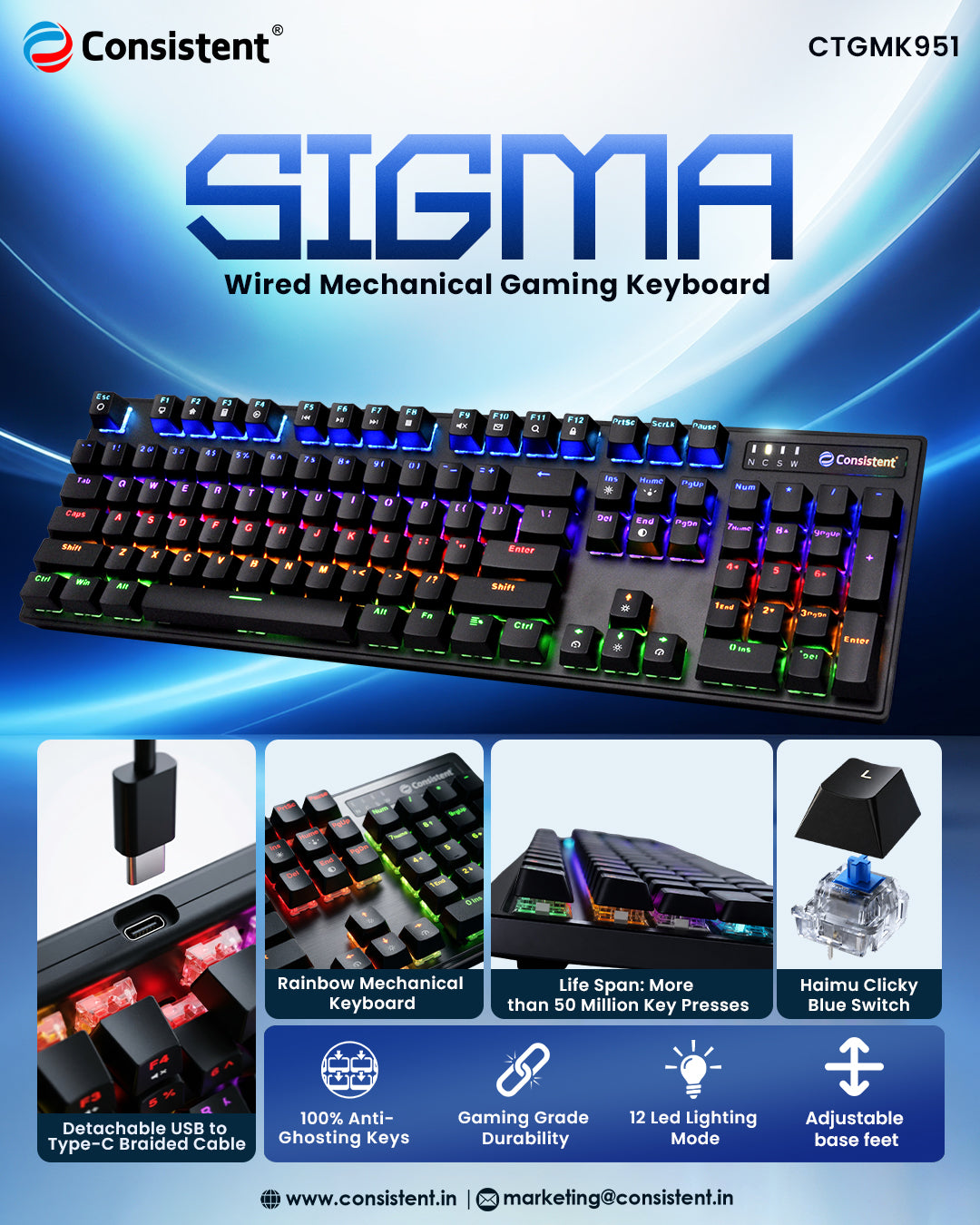 Wired mechanical gaming keyboard from SIGMA with RGB backlit keys and durable design, ideal for gaming setups