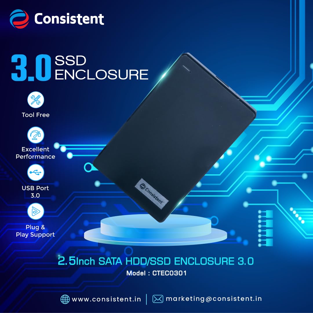 Consistent 2.5ich SATA HDD/SSD Enclosure 3.0 Portable External Hard Disk Enclosure 7 MM and 9.5 MM Tool Free, Supports(Black)