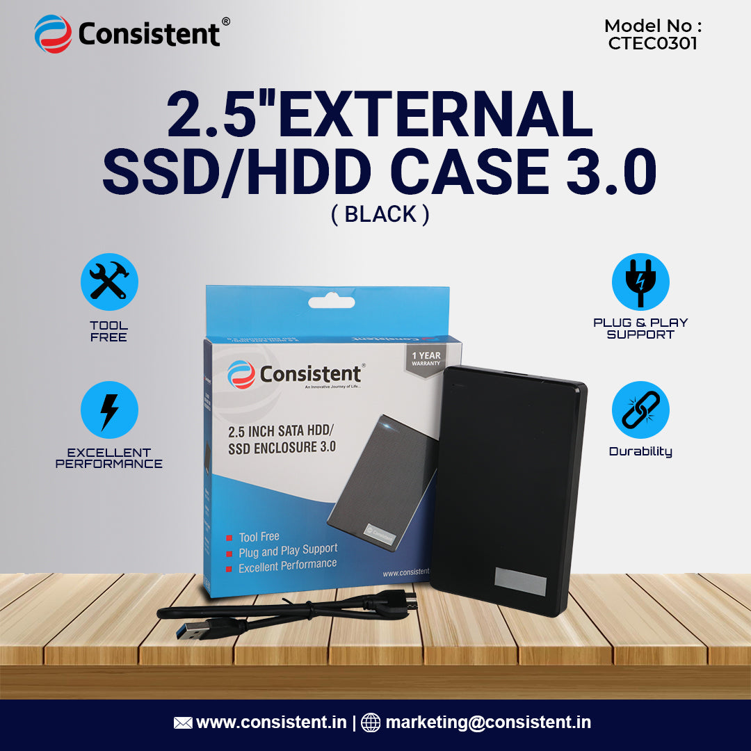 Consistent 2.5ich SATA HDD/SSD Enclosure 3.0 Portable External Hard Disk Enclosure 7 MM and 9.5 MM Tool Free, Supports(Black)