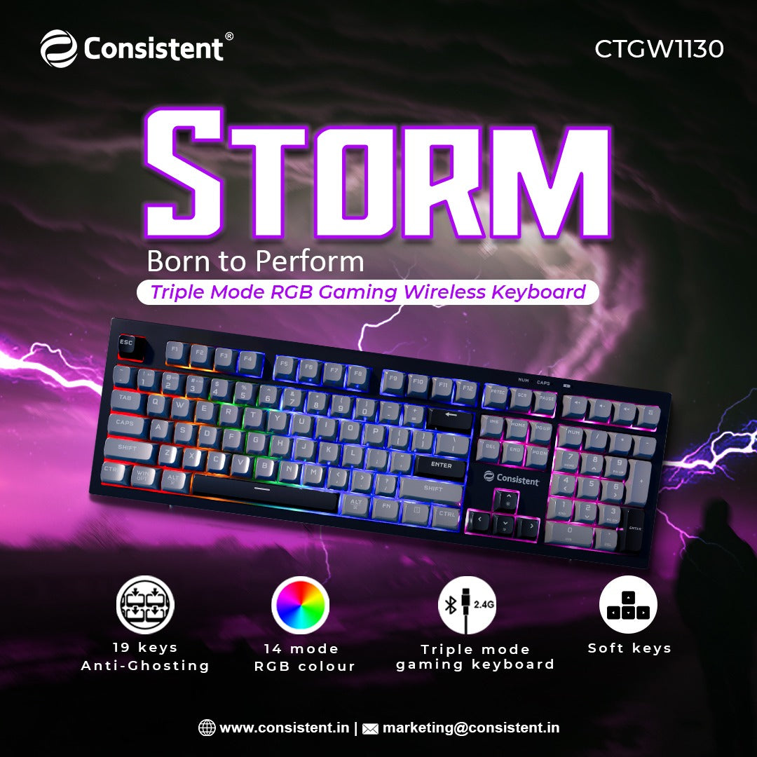 Consistent STORM Gaming Triple Mode Wireless RGB Keyboard (CTGK1130) for Windows, USB Plug-and-Play, Keystrokes, RGB lighting, Stylish Slim Design, 19 keys Anit-Ghosting.