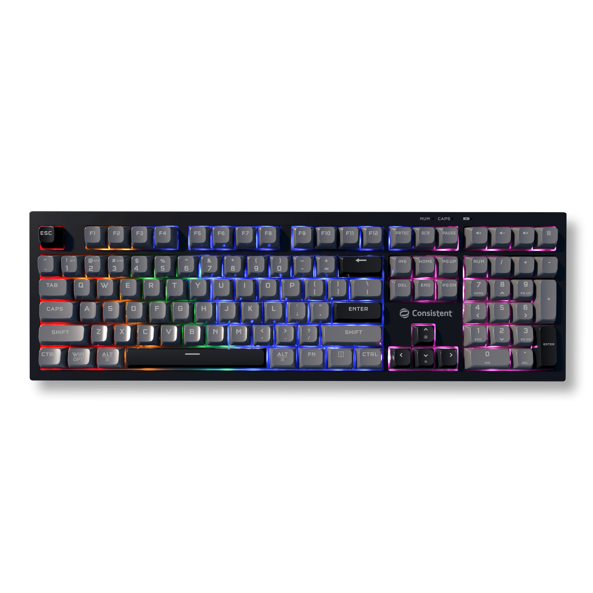 Consistent STORM Gaming keyboard with RGB lighting, triple mode wireless, slim design, 19 anti-ghosting keys, Mac and Windows support