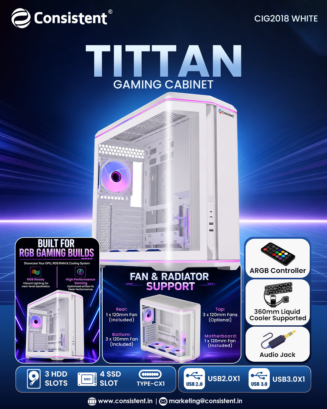 White Consistent TITTAN Mid-Tower Gaming Cabinet with tempered glass side panel by Everest Store