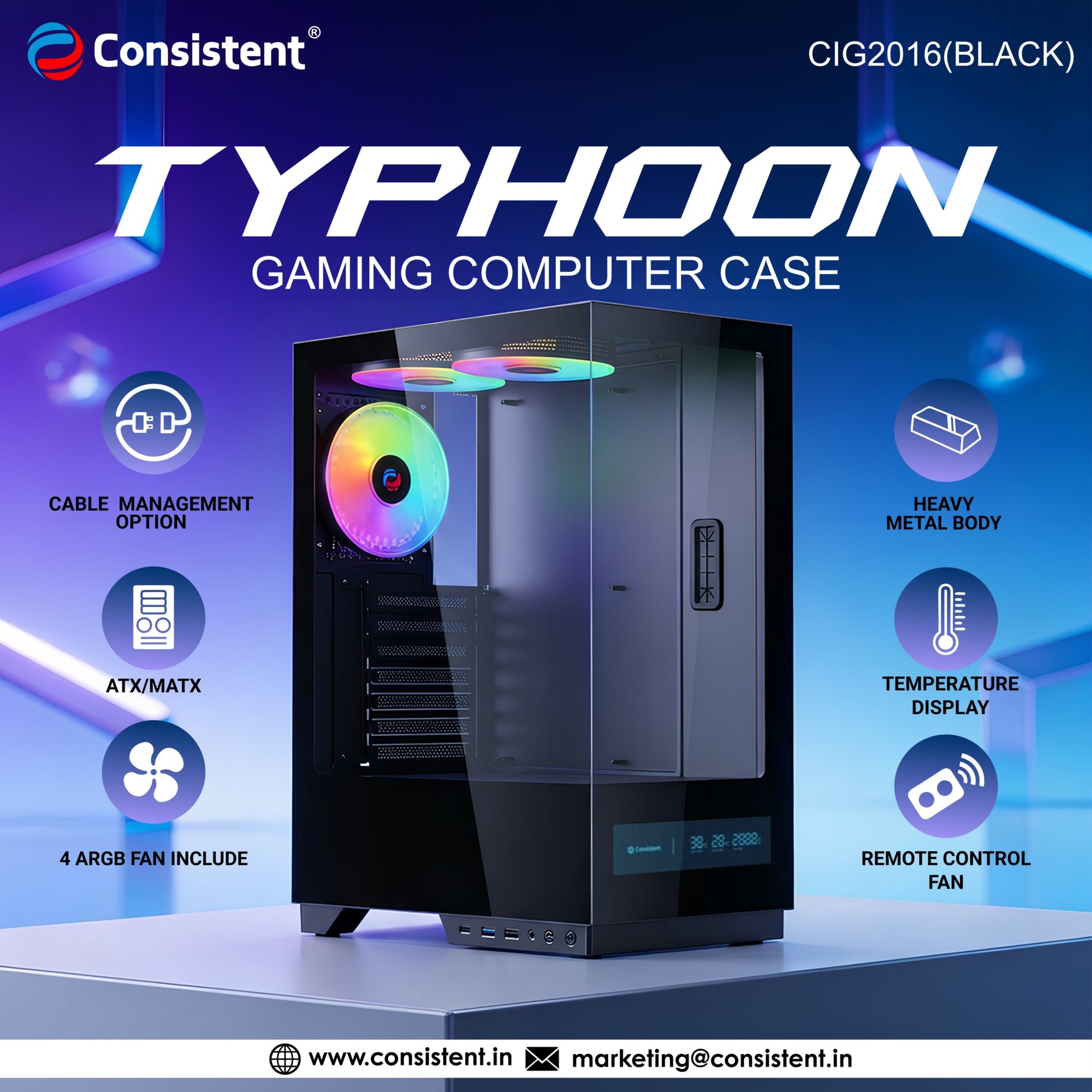 Black Everest Typhoon gaming computer case with sleek design and ventilation, featuring front panel ports and tempered glass side panel.