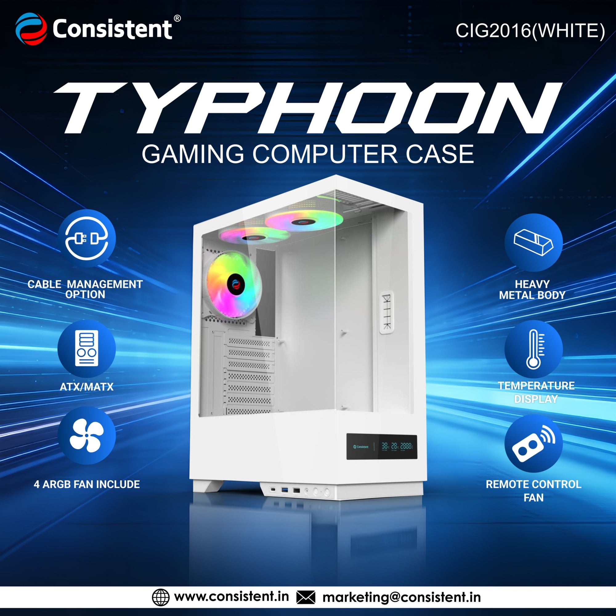 White Everest Typhoon gaming computer case with transparent side panel and front ventilation, innovative design for gaming setups.