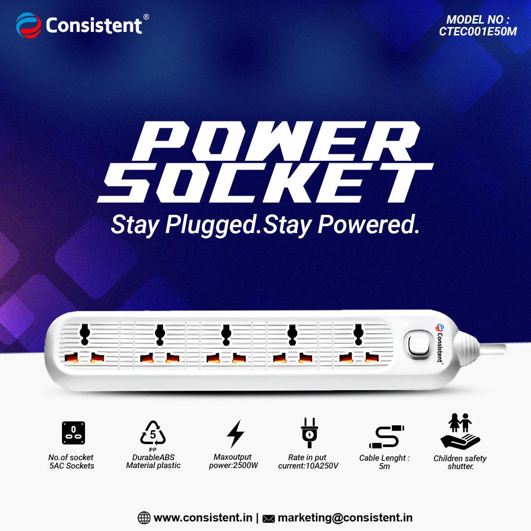 Consistent POWER SOCKET EXTENSION With 5AC Sockets 5m (CTEC001E50M)