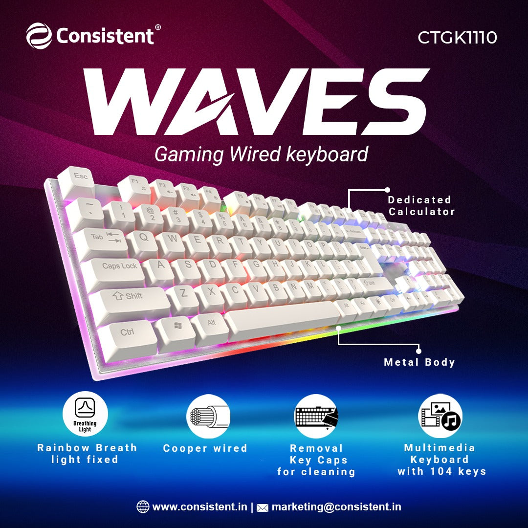 Consistent Waves Gaming Wired Keyboard (CTGK1110) for Windows, USB Plug-and-Play, Keystrokes, Copper Wired, Stylish Slim Design, 1.5m Cable Length.