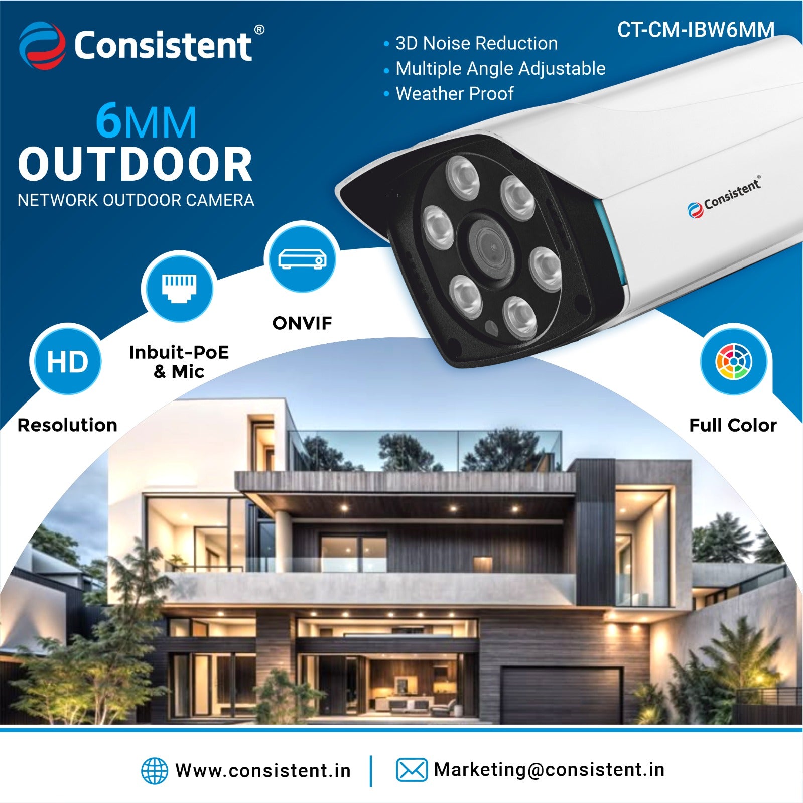 Consistent 6MM  4MP IP Outdoor Warm Bullet Camera, | Multiple Angle Adjustment | 3D Noise Reduction | Inbuilt MIC | Support ONVIF | Weather Proof | Inbuilt POE | Color Distance 30 meters.