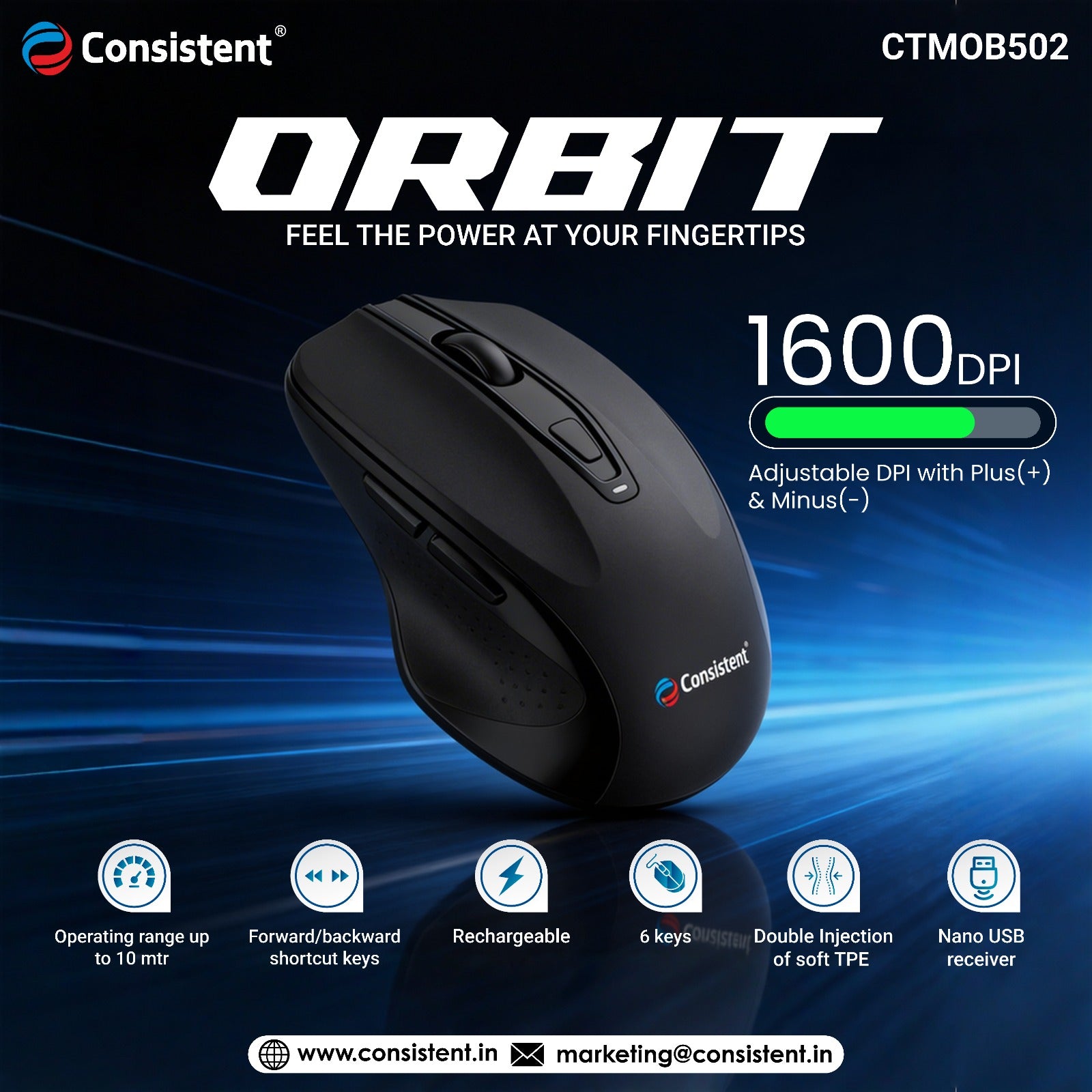 Consistent Orbit BT + 2.4GHz Rechargeable Wireless Mouse (CTMOB502) Black