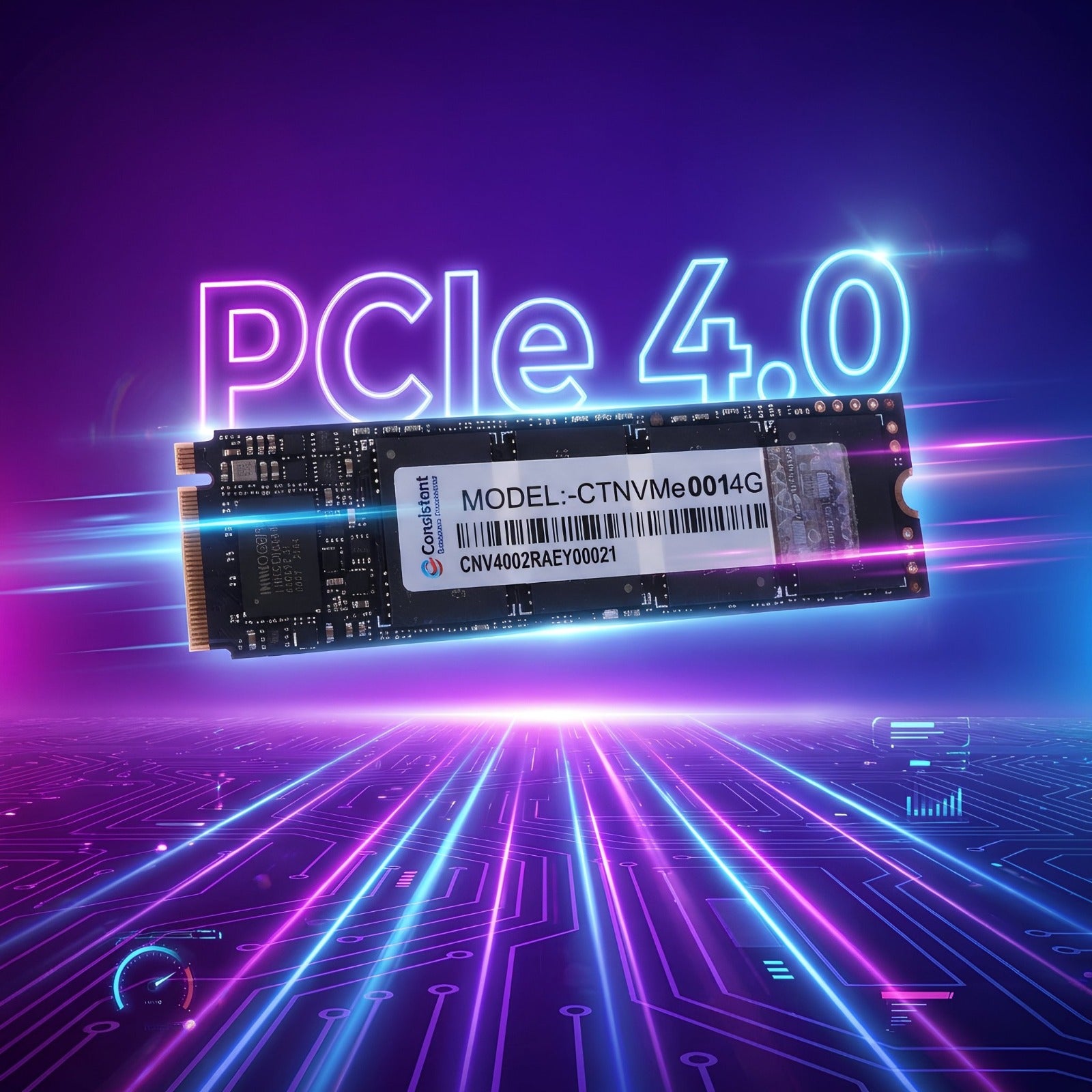 Internal 1TB NVMe SSD with PCIe Gen 4.0 interface, featuring a sleek black design and connector ports for high-speed storage.