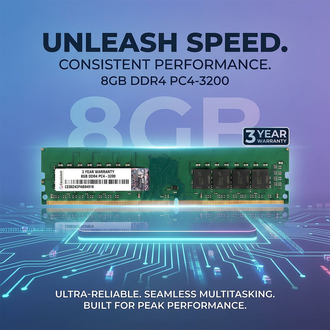 Consistent 8GB DDR4 RAM 3200Mhz Desktop, Plug-and-Play  No Additional Drivers Required with 3 Year Warranty Ram for desktop DDR4-compatible motherboards.